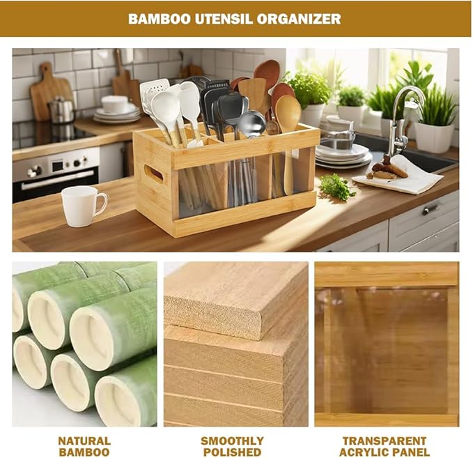 Utensil Holder for Kitchen Counter,Large Utensil Holder with Absorbing Drying Stone Mat,Bamboo Utensil Organizer with 6 Compartments,Silverware Caddy&Cooking Utensil Organizer for Kitchen Decor