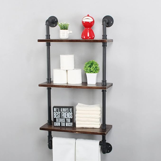 Industrial Pipe Shelf Bathroom Shelves Wall Mounted,19.6in Rustic Wood Shelf with Towel Bar,3 Tier Farmhouse Towel Rack Over Toilet,Pipe Shelving Floating Shelves Towel Holder,Retro Black