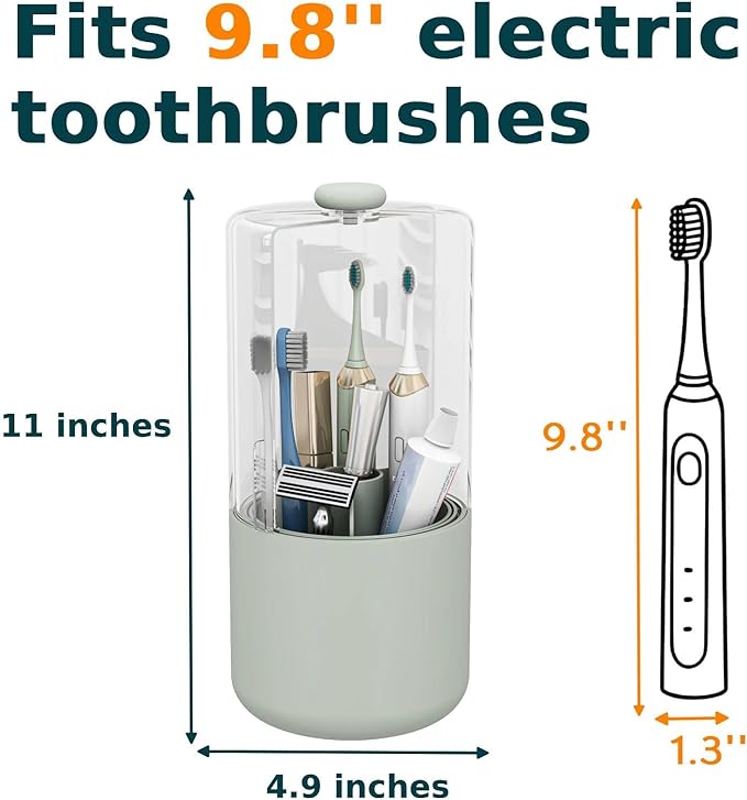 YOOLENS Toothbrush Holder with Cover 360 Rotating 4 Compartments Bathroom Toothpaste Electric Toothbrush Organizer, Light Green