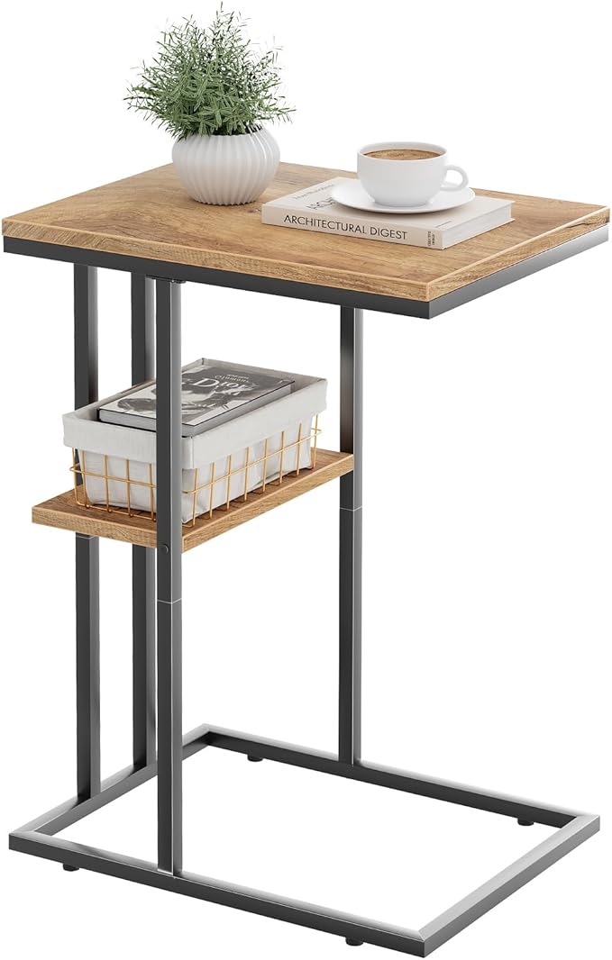 C Shaped End Table, Small Side Table for Couch and Bed, Wood Snack Table with Metal Frame for TV Tray, Sofa, Living Room, Bedroom, Bedside (Oak)