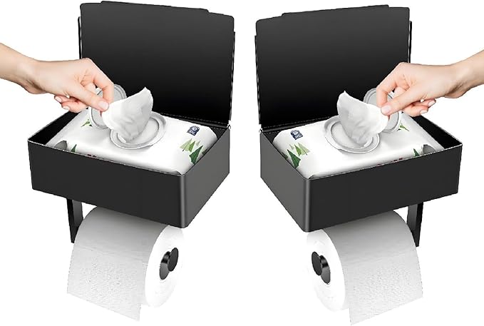 Toilet Paper Holder with Storage, Shelf of Bathroom Toilet Tissue Holder, Toilet Paper Roll Holder, Black Stainless Steel Wall Mount, No Installation & Flushable Wet Wipes Storage (2 Pack)