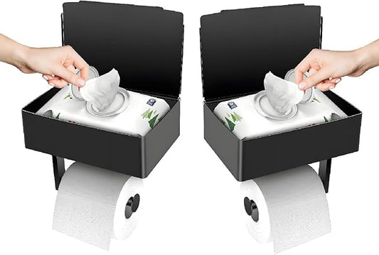 Toilet Paper Holder with Storage, Shelf of Bathroom Toilet Tissue Holder, Toilet Paper Roll Holder, Black Stainless Steel Wall Mount, No Installation & Flushable Wet Wipes Storage (2 Pack)