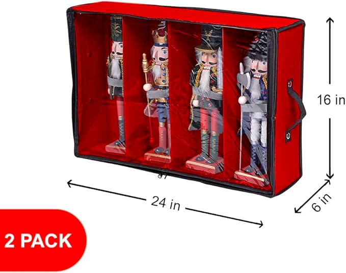 ProPik 2 Pack Christmas Figures Storage Box | Each Holds 4 Holiday Figurines up to 16” | Adjustable Nutcracker Decor Ornament Storage Container | Xmas Decorations Accessories Boxes (Red)
