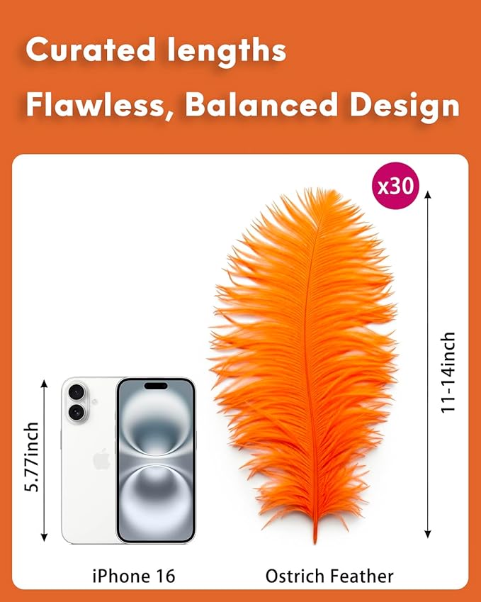 30pcs Orange Ostrich Feathers Natural Bulk 11-14inch(28-35cm) Vase Craft Wedding Home Party Centerpieces Christmas Day Decoration