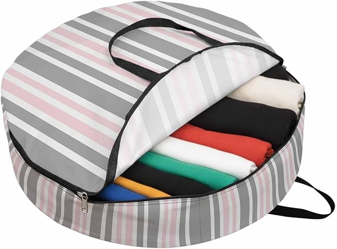 Storage Bag Pink Stripes Round Storage Totes Bins Closet Organizers with Zippers & Handle Grey Striped Lines Clothes Storage Container for Bedroom Dorm Space Saving Packing Supplies Moving Bags