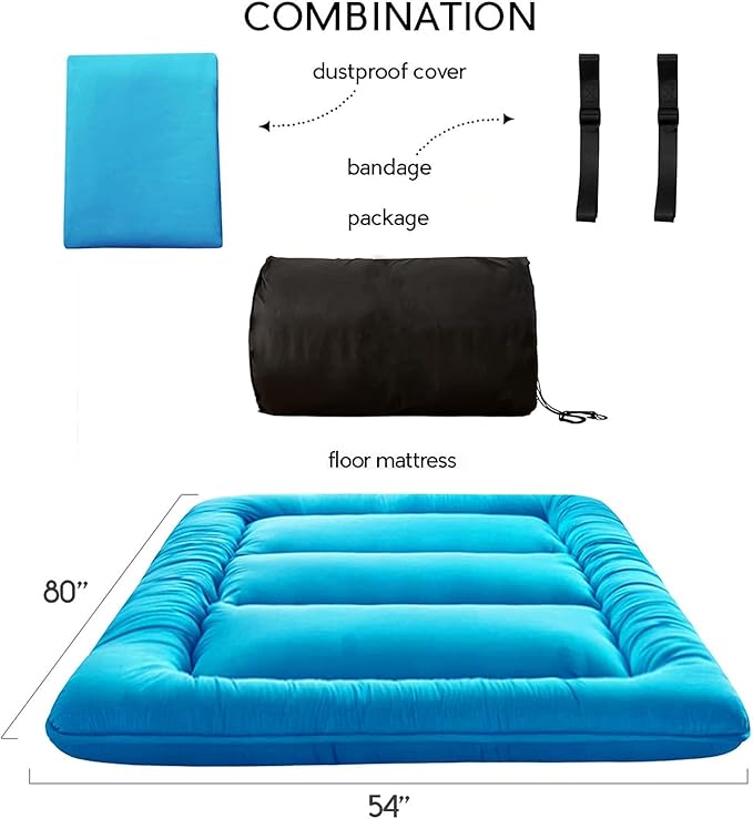 MAXYOYO Japanese Floor Mattress Futon Mattress, Thicken Tatami Mat Sleeping Pad Foldable Roll Up Mattress Boys Girls Dormitory Mattress Pad Kids Floor Lounger Couches and Sofas, Turquoise, Full