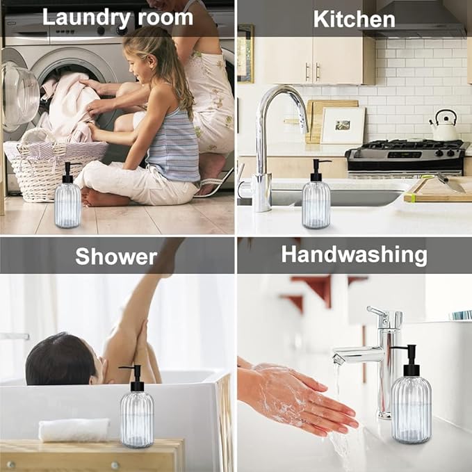 Pack of 2 Glass Soap Dispenser with Black Pump, 400 ml Refillable Pump Dispenser for Kitchen, Bathroom, Laundry Room, Liquid Glass Bottle for Washing Up Liquid, Shampoo, Conditioner (Clear)