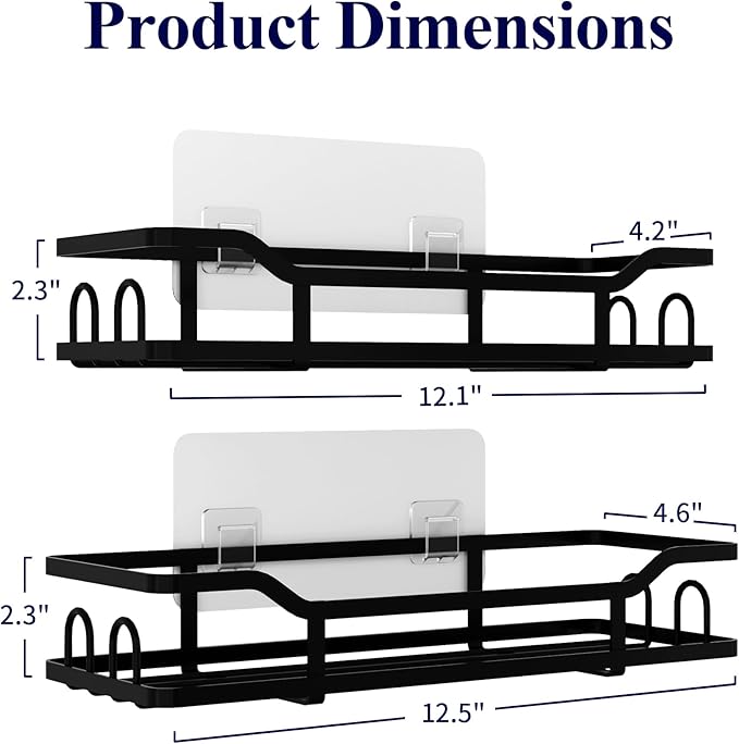 Kitsure Shower Caddy - 2 Pack, No Drilling Shower Organizer with 8 Hooks, Rustproof Stainless Steel Shower Shelf for Inside Shower, Wall Mounted Shower Rack for Bathroom, Kitchen, Black