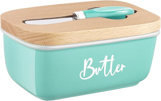 ALELION Turquoise Butter Dish with Lid and Knife for Countertop, Ceramic Butter Container with Beech Wood Lid, Airtight Butter Keeper for Counter or Fridge, for Teal Kitchen Decor and Accessories