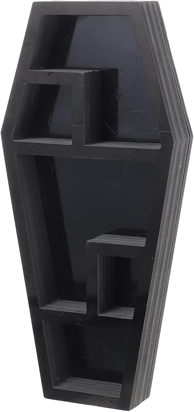 NOLITOY Desktop Organizer Coffin Shaped Storage Rack for Gothic Decor Halloween Display Shelf for Candles Books and Figurines Unique Storage for Spooky Collections