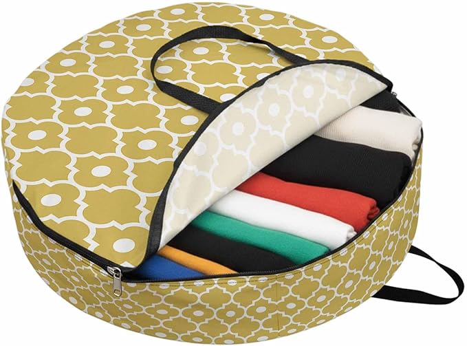 Storage Bag Retro Moroccan Design Round Storage Totes Bins Closet Organizers with Zippers & Handle Yellow Geometric Pattern Clothes Storage Container for Bedroom Dorm Space Saving Packing Supplies