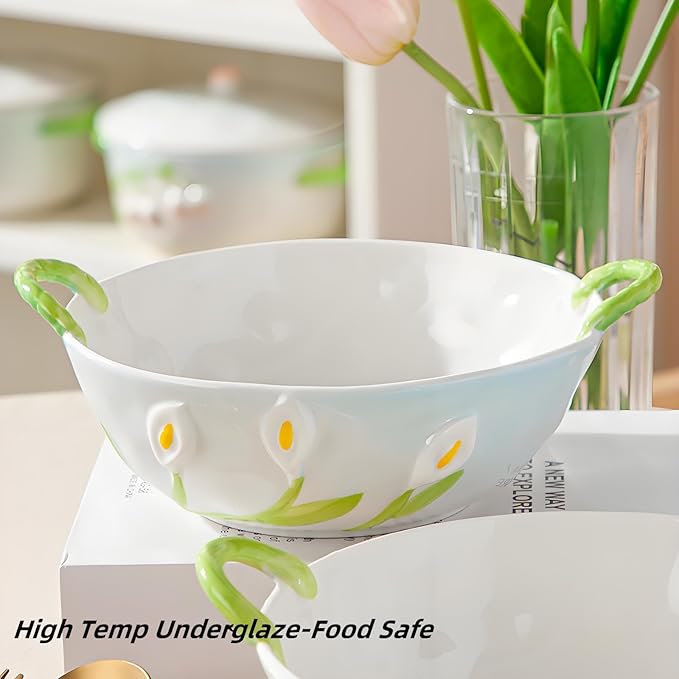 Ceramic Fruit Bowl with Handles, 3D Hand-Painted Calla Lily Floral Design Serving Bowl for Soup, Pasta, Salad and Snacks, 24oz, Microwave & Dishwasher Safe