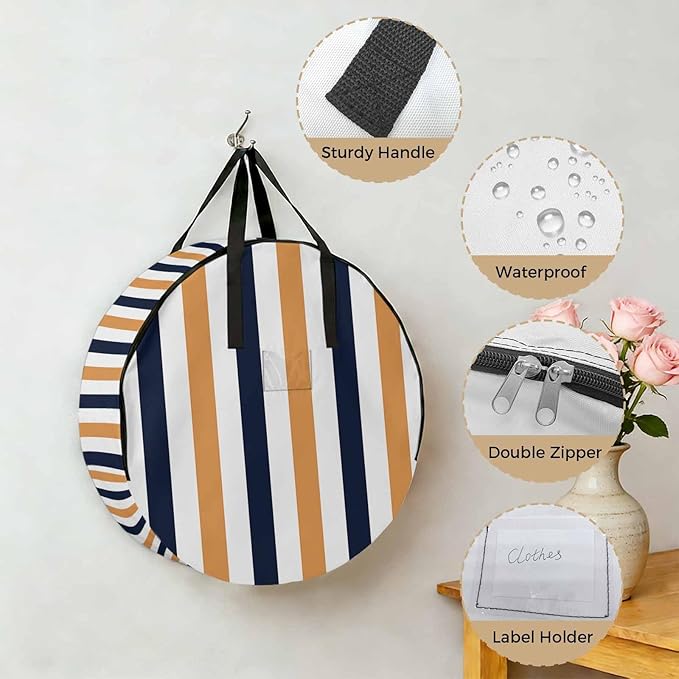 Storage Bag Navy Blue Stripes Round Storage Totes Bins Closet Organizers with Zippers & Handle Orange Contrast Striped Clothes Storage Container for Bedroom Dorm Space Saving Packing Supplies Bags