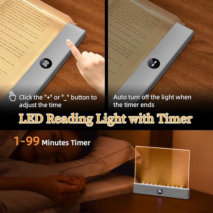 Book Light, Rechargeable Clear LED Flat Book Lights for Reading in Bed at Night with 3 Colors & Timer, Dimmable Panel Plate Book Lamp Full Page Light, Bookish Gifts for Women Readers Kids Book Lovers