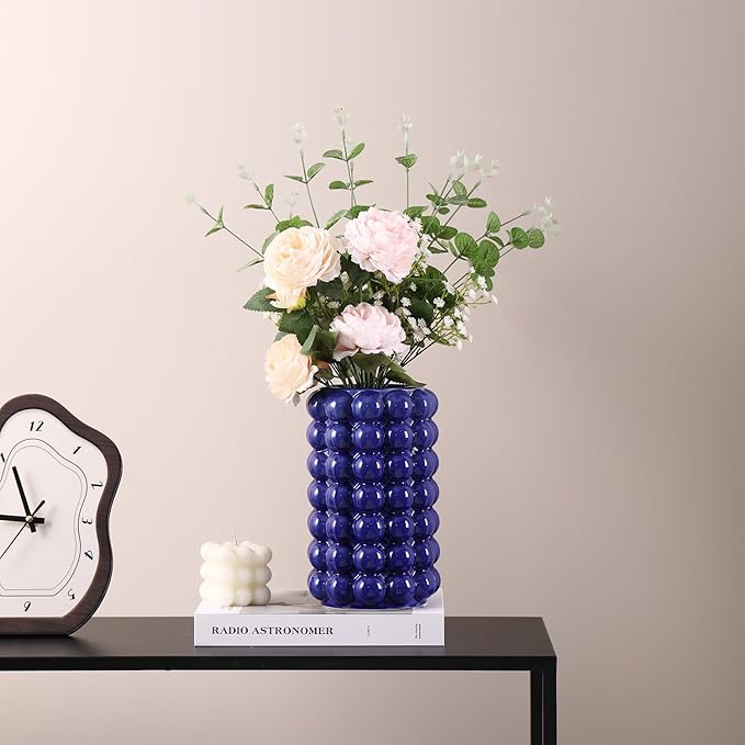 Bubble Vase, Blue Ceramic Vase, Short Ceramic Flower Vases, Modern Decorative Vases for Living Room, Wedding, Entryway, Mantel, Office, 8.5 Inches