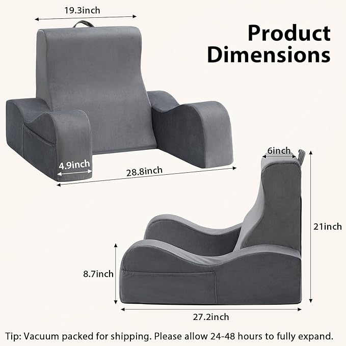 Quilmfoam Reading Pillow for Sitting in Bed Adult, Back Pillow for Sitting Up with Arms, Bed Pillow Back Support for Reading, TV, Gaming & Working, Removable Cover, Lightweight 21", Grey