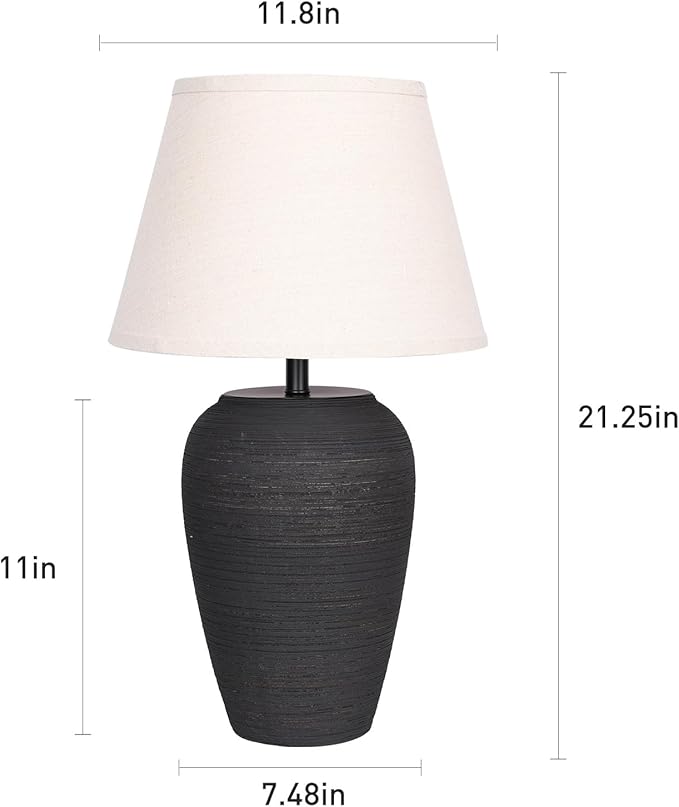 YEPDIN Ceramic Pot Table Lamp 21.25 inch Tall Striped Nightstand Lamp, Tapered Fabric Shade Bedside, Ceramic Decorative for Living Room Bedroom House Office Entryway, TL2