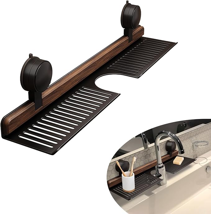 Walnut Bathroom Sink Shelf Over Faucet,2025 New No-Drill Shower Caddy Suction Cup with Strong Adhesion,Stable Over Sink Shower Rack for Easy Drainage,Wall Shelf for Bathroom,Kitchen (19.7IN/50CM)