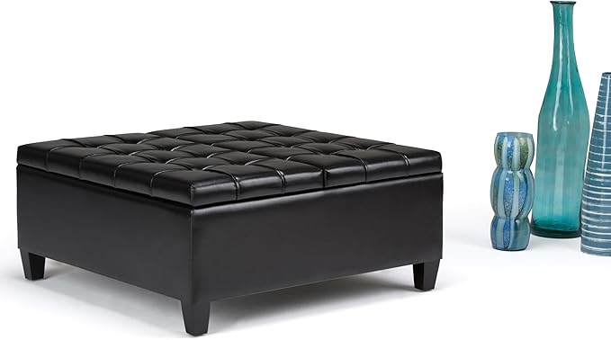 SIMPLIHOME Harrison Coffee Table Storage Ottoman - 36 inch Wide Upholstered Vegan Leather Square Lift-Top Ottoman in Midnight Black, Transitional Ottoman for Living Room with Hidden Storage