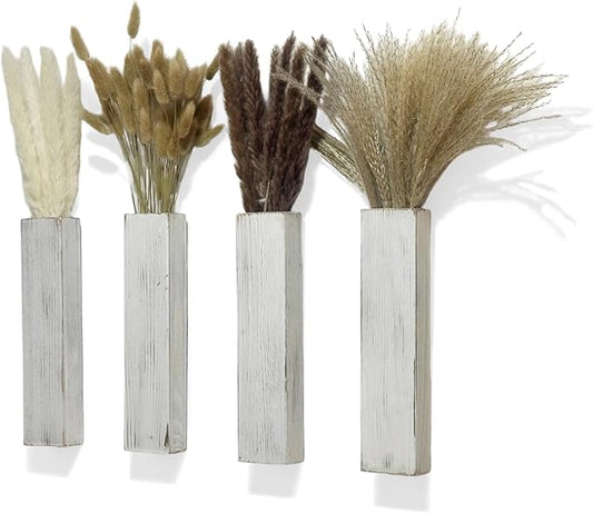 4-Piece Wooden Hanging Wall Vase Set with Pampas Grass and Eucalyptus Dried Flowers, Modern Farmhouse Home Decor for Living Room Entryway Bathroom Hallway Dining Room（Vintage White）