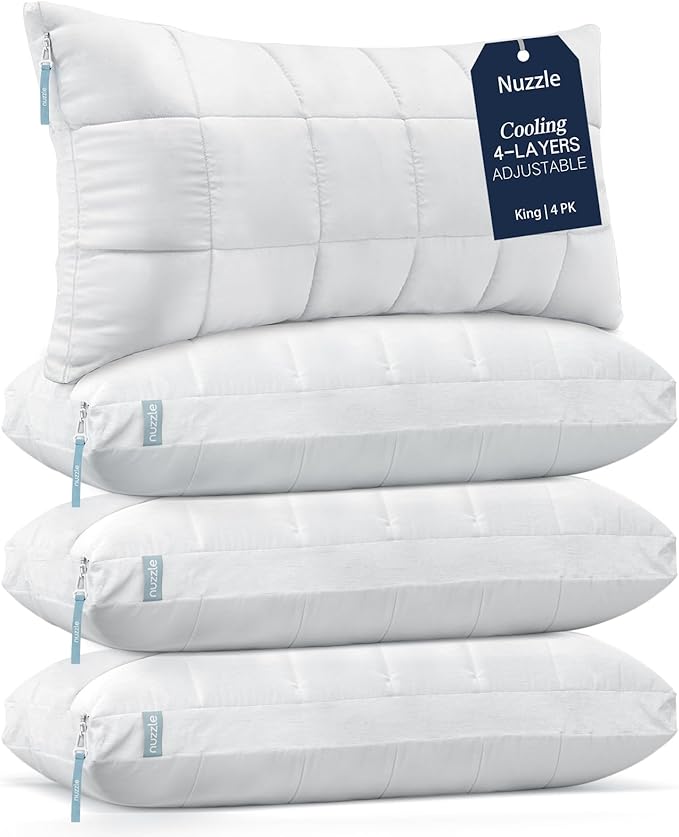 Nuzzle King Size Pillows Set of 4 Adjustable Pillows, Luxury Hotel Collection Bed Pillows – Best Adjust Height Soft Firm Pillows for Back, Stomach and Side Sleepers