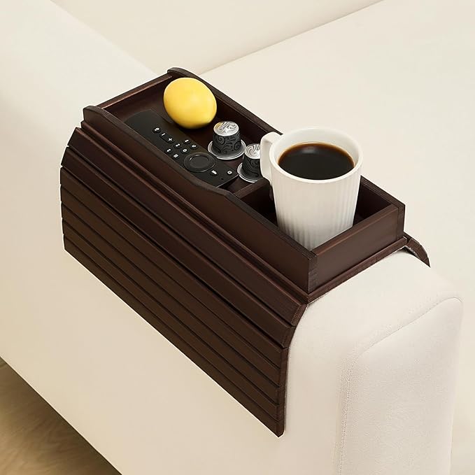 Bamboo Couch Cup Holder Arm Tray Table，Couch Drink Holder，Sofa Cup Holder Armrest Tray，Anti-Slip Foldable Arm Chair Table Tray Recliners for Drink,Cups, Snacks, Phone, Remote