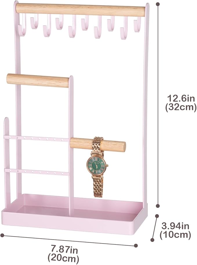 ProCase Jewelry Stand Holder Organizer, 4-Tier Necklace Holder with Ring Tray, 10 Hooks Necklaces Hanging Small Jewelry Display Storage Tower Tree for Bracelets Earrings Watches -Medium, Pink