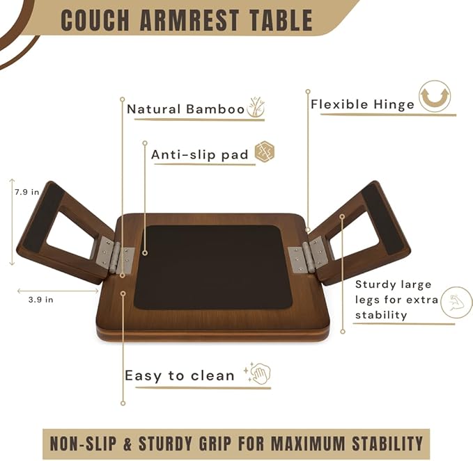 Sofa Table Tray - Bamboo Couch Armrest Table Universal Fit - Sofa Table With Non-Slip Pads to Keep Things in Place -13 x 9.5 Inch – Armrest tray table for couch – (Brown)