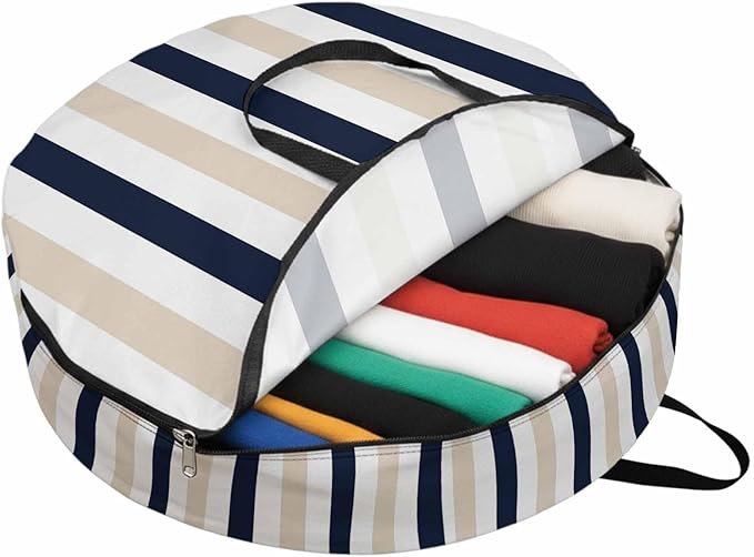 Storage Bag Black Khaki Stripes Round Storage Totes Bins Closet Organizers with Zippers & Handle Contrast Striped Clothes Storage Container for Bedroom Dorm Space Saving Packing Supplies Moving Bags