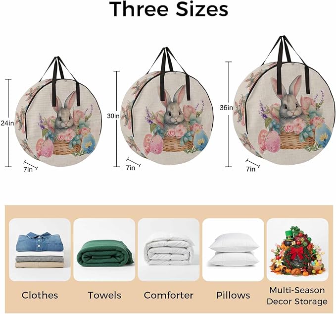 36 Inch Round Storage Bag 1 Pack,Easter Egg Cute Bunny on Basket Waterproof Wreath Storage Container with Handles&Zipper Colorful Flower on Burlap Closet Organizer Bags Garland Box