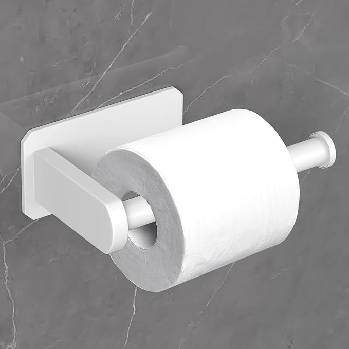 VAEHOLD Toilet Paper Holder Self Adhesive Kitchen Washroom Adhesive Toilet Roll Holder No Drilling for Bathroom Stick on Wall Stainless Steel Brushed (White)