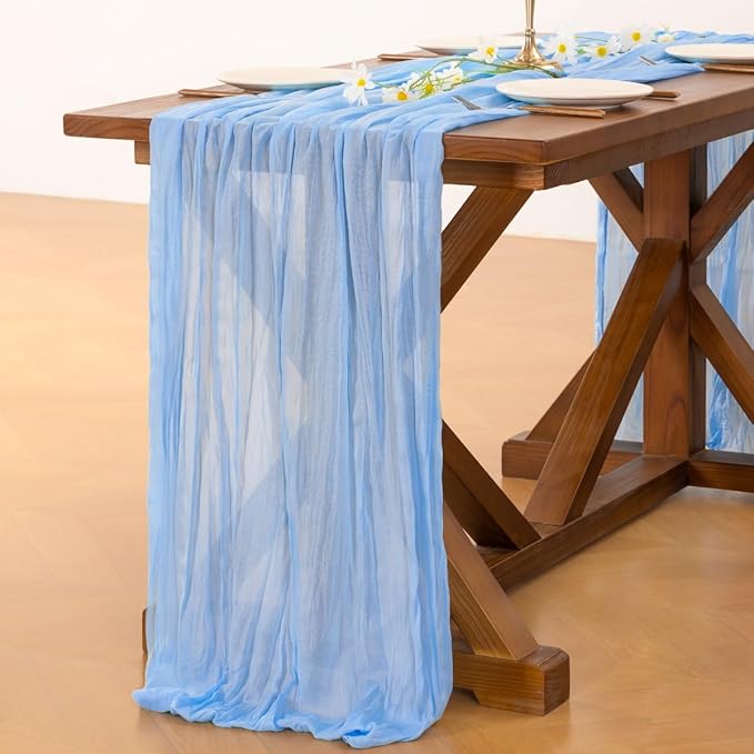 Socomi 10pcs Blue Valentine's Day Cheesecloth Table Runner Light Blue Boho Rustic Gauze 120 inch 10FT Cheese Cloth Runner for Wedding Party Baby Shower Birthday Home Decor Holiday Decorations