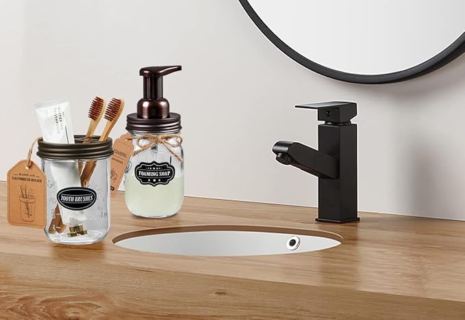 Mason Jar Toothbrush Holder -Bronze - with 16 Ounce Mason Jar,Premium Rustproof 304 Stainless Steel Lid and Chalkboard Labels - Rustic Farmhouse Decor Black Bathroom Accessories