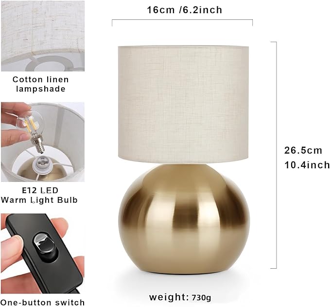 Modern Golden Small Table Lamp with Cotton Linen Shade, 10.4-inch LED Desk Light, One-Button Switch for Bedroom, Living Room, Nightstand, Includes Warm Light Bulb