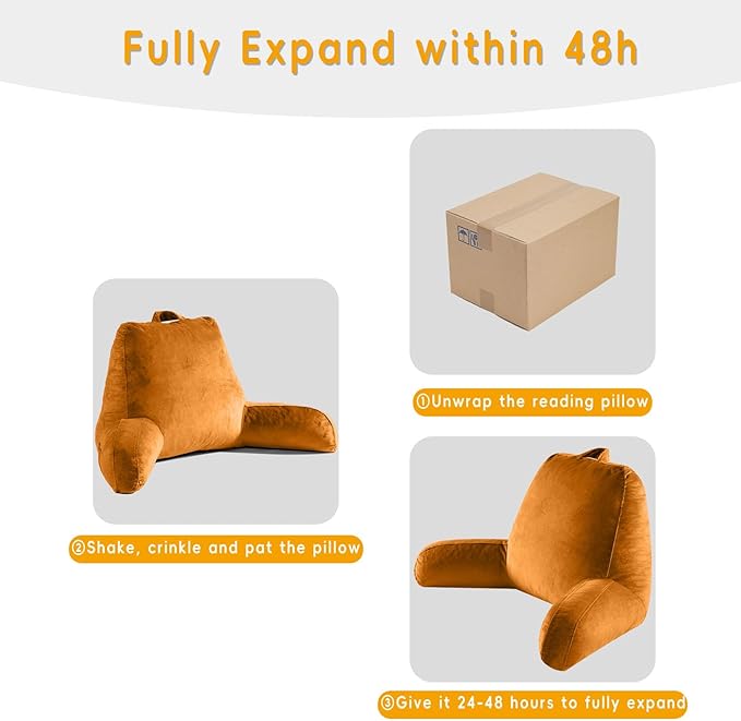 OAISZ Reading Pillow for Sitting in Bed Adult, X-Large Reading Pillow with Shredded Memory Foam, Back Pillow for Sitting Up with Extend Arms, Pockets, Bed Pillow with Washable Cover, Orange