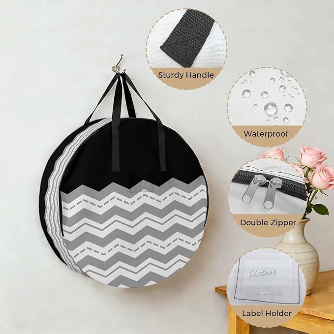 Storage Bag Grey Waves Round Storage Totes Bins Closet Organizers with Zippers & Handle Black Chevron Stripe Clothes Storage Container for Bedroom Dorm Space Saving Packing Supplies Moving Bags