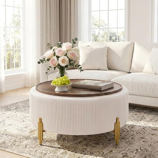 30'' Round Storage Ottoman Coffee Table, Modern Velvet Upholstered Ottoman with Lid and Metal Legs for Living Room, Bedroom (White)