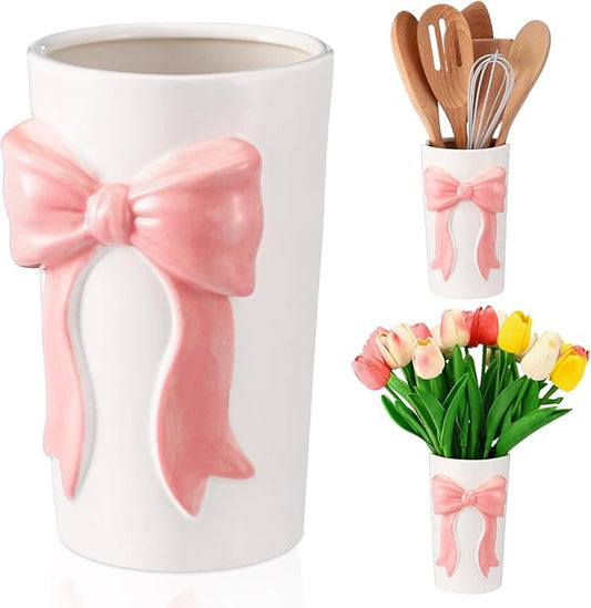 LemonRoad Pink Bow Ceramic Utensil Holder 3D Coquette Handmade Pink Kitchen Decor Mothers Day Kitchen Gifts Cooking Utensil Crock with Scalloped Preppy Caddy Pen Holder Vase for Countertop Spoon