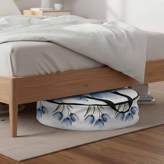 Blue Tulip Round Storage Bag 30 Inch, Country Flower Pastoral Style Clothes Storage Container with Handles Heavy Duty Organizer for Comforter, Bedding & Holiday Wreaths