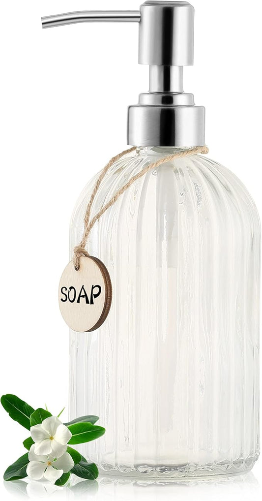 MOCLIF 16 OZ Soap Dispenser，Tempered Glass Clear Vertical Stripe with 304 Rust Proof Stainless Steel Pump Refillable Liquid Hand Soap Dispenser，for Bathroom, Kitchen, Dish Soap，Lotion (Clear)