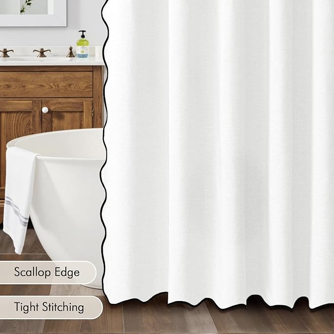 MIULEE 84" Long Scalloped Shower Curtain Linen Textured with 12 Metal Hooks Cute Extra Long Heavy Duty Washable Waterproof Cloth Shower Curtains with Black Border for Bathroom Hotel Bathtub,White