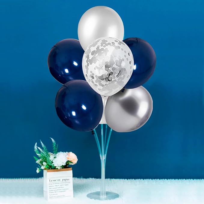 ZJDHPTY 4 Set Balloon Stand with Silver Navy Blue Balloons Centerpiece Table Decorations for Birthday Wedding Anniversary Retirement New Years Graduation Decorations Class of 2026