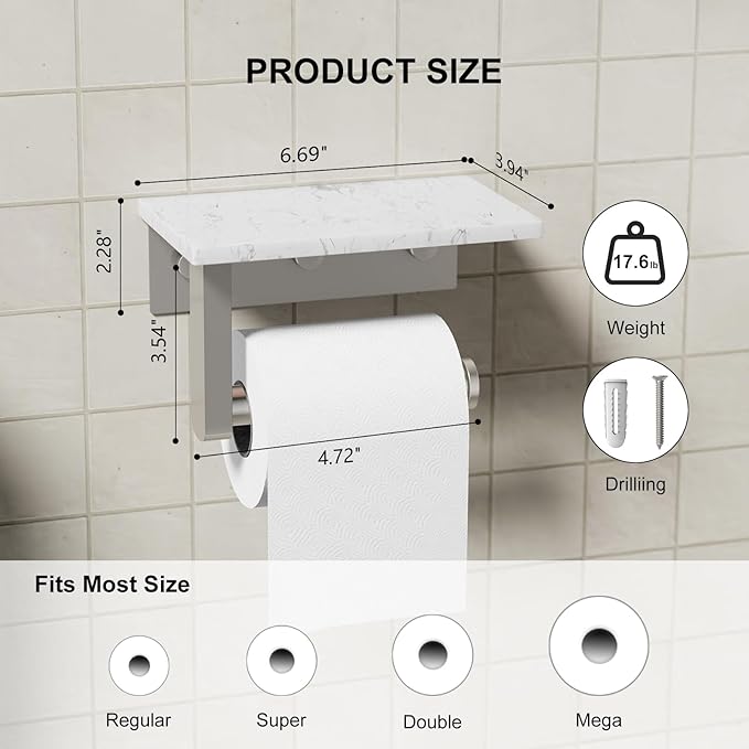 Toilet Paper Holder with Marble Shelf, 304 Stainless Steel Tissue Hand Holder Wall Mounted Toilet Paper Roll Hold with Phone Shelf for Bathroom Kitchen Washroom Bedroom, Brushed Nickel