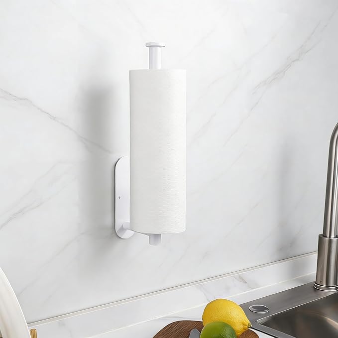 White Paper Towel Holder - Self Adhesive or Drilling, Under Cabinet Paper Towel Holder for Kitchen, Adhesive Paper Towel Roll Rack for Bathroom Towel, SUS304 Stainless Steel