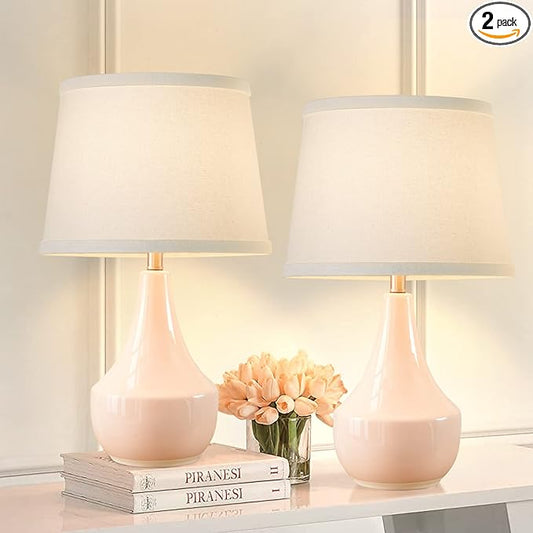 GyroVu 18" Table Lamp Set of 2, Ceramic Lamp Classic Beside Lamps Nightstand Lamp Modern Bedside Lamp for Living Room, Bedroom & Office Rocker Swtich Pink-LED Bulbs Included