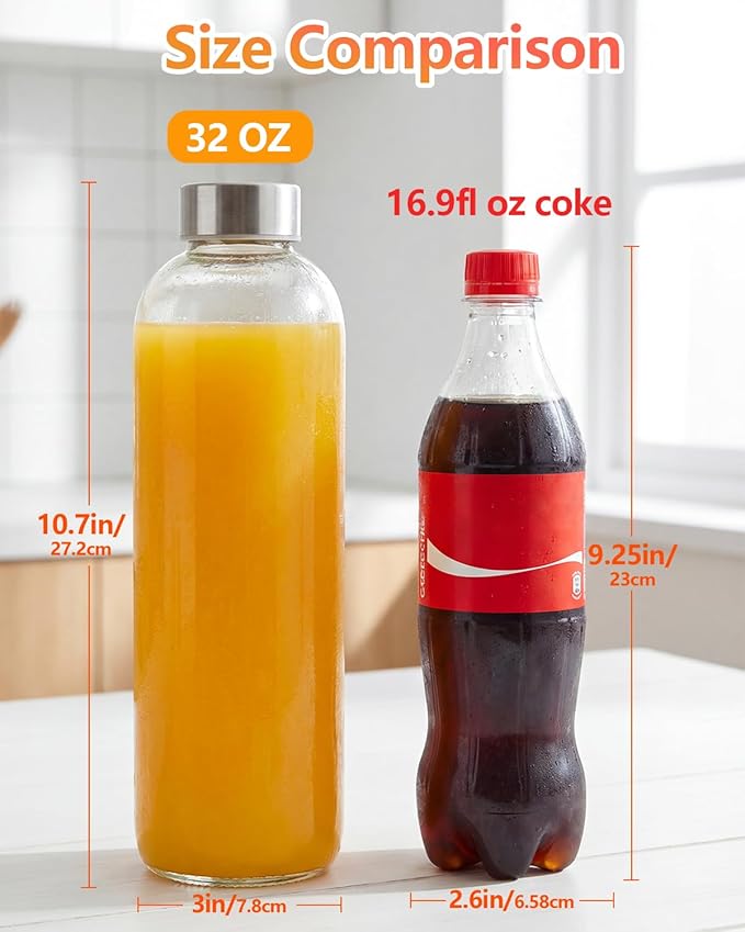 Zukro Glass Water Bottles with Lids 32 oz, 3 Pack Reusable Large Juice Bottles With Stainless Steel Airtight Cap for Juicing, Leak Proof Clear Drinking Jar Beverage storage container, BPA Free