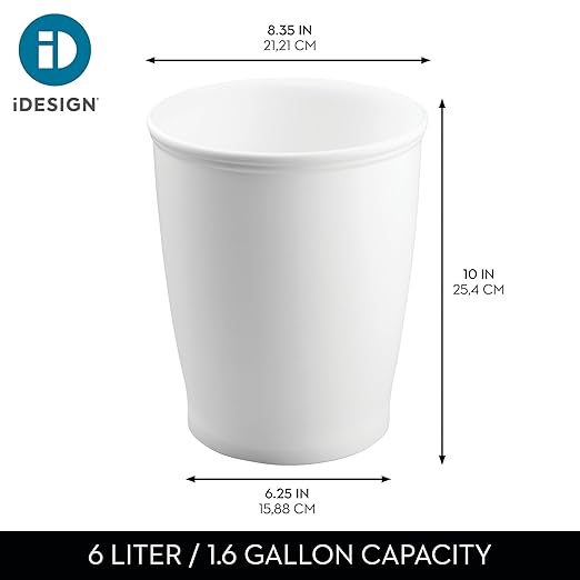 InterDesign Kent - Round Trash Can for Bathroom, Kitchen or Office - White - 8.35 x 10 inches