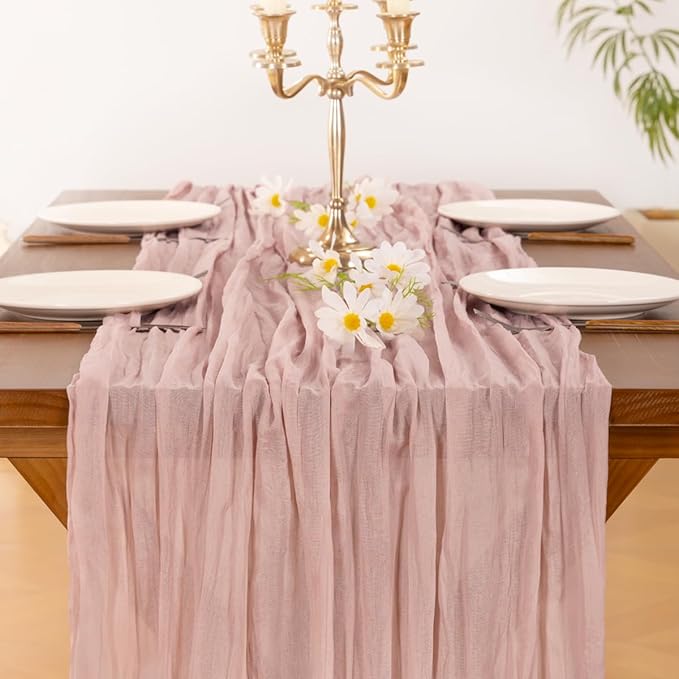 Socomi 3pcs Pink Cheesecloth Table Runner Easter Spring Boho Rustic Gauze Dusty Pink Farmhouse 120 inch 10FT Cheese Cloth Runner for Wedding Party Baby Shower Birthday Home Decor