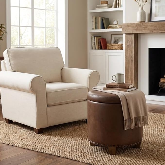 Homepop Home Decor | Upholstered Round Storage Ottoman with Nailheads| Ottoman with Storage for Living Room & Bedroom, Brown Faux Leather