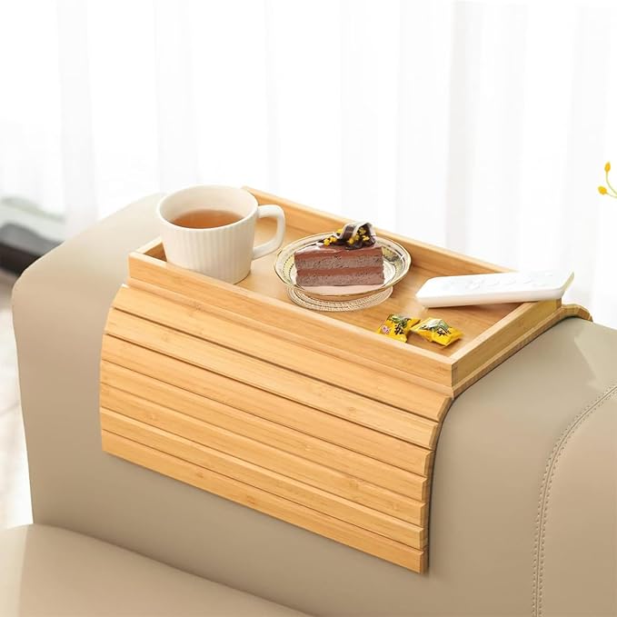 WCHOSOZH Bamboo Sofa Arm Tray with 2Pcs Cup Mats, Foldable Sofa Armrest Tray Side Table, Anti-Dropping Couch Armrest Table Cup Holder for Eats Drinks Snacks Remote Cellphone